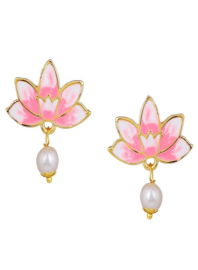 Estele Gold Plated Lotus Inspired Drop Earrings for Women | Elegant Statement Jewellery - Image 1