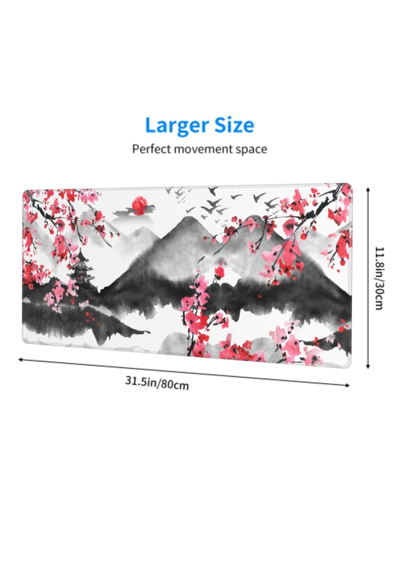 Excefore - Japanese Cherry Blossom Gaming Mouse Pad, 31.5 X 11.8 Inch XL Pink Watercolor Design Mousepad Extended Large Laptop Keyboard Mouse Mat Non-Slip Rubber Base with Stitched Edges for Home Office - Image 1