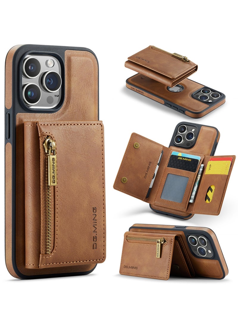 DGMING CaseMe Wallet Case for iPhone 15 Pro DGMING Premium Leather Phone Case Back Cover Magnetic Detachable with Trifold Wallet Card Holder Pocket - Brown - Image 1