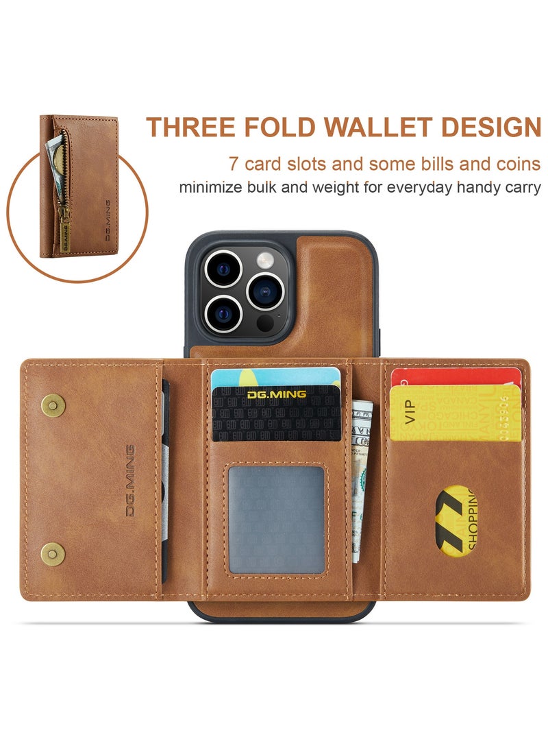 DGMING CaseMe Wallet Case for iPhone 15 Pro DGMING Premium Leather Phone Case Back Cover Magnetic Detachable with Trifold Wallet Card Holder Pocket - Brown - Image 3
