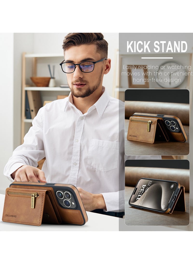 DGMING CaseMe Wallet Case for iPhone 15 Pro DGMING Premium Leather Phone Case Back Cover Magnetic Detachable with Trifold Wallet Card Holder Pocket - Brown - Image 4