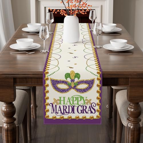 XCHI Happy Mardi Gras Fleur De Lis Iris Masquerade Mask Beads Table Decoration for Party Home Kitchen Dining Holiday Decor 13x72 Inch - Image 2