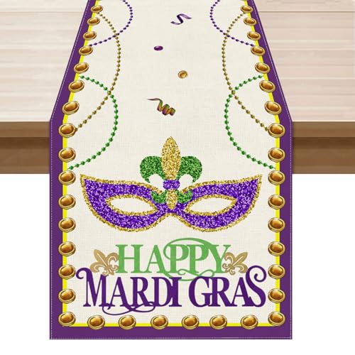 XCHI Happy Mardi Gras Fleur De Lis Iris Masquerade Mask Beads Table Decoration for Party Home Kitchen Dining Holiday Decor 13x72 Inch - Image 1