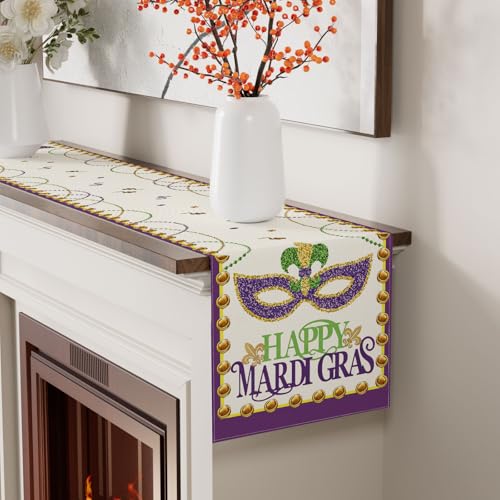 XCHI Happy Mardi Gras Fleur De Lis Iris Masquerade Mask Beads Table Decoration for Party Home Kitchen Dining Holiday Decor 13x72 Inch - Image 3