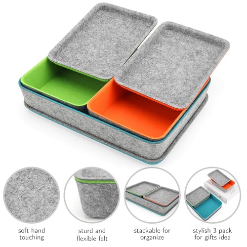 Welaxy stackable Lidded drawer organizer bins home office work desktop storage box with lid for junk makeup stationery decluttering sorting 3-pack gift idea (Orange + Green + Turquoise) - Image 2