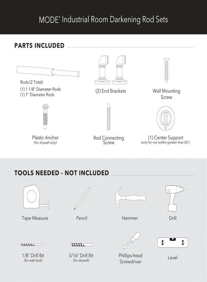 مود مجموعة MODE الصناعية لتعتيم الغرف، طقم قضيب ستارة صناعي بقطر 1 1/8 بوصة مع قضيب ستارة فولاذي قابل للتعديل يُثبت على الحائط، يحجب الضوء، يناسب النوافذ من 36 بوصة إلى 72 بوصة، نيكل مصقول - Image 5