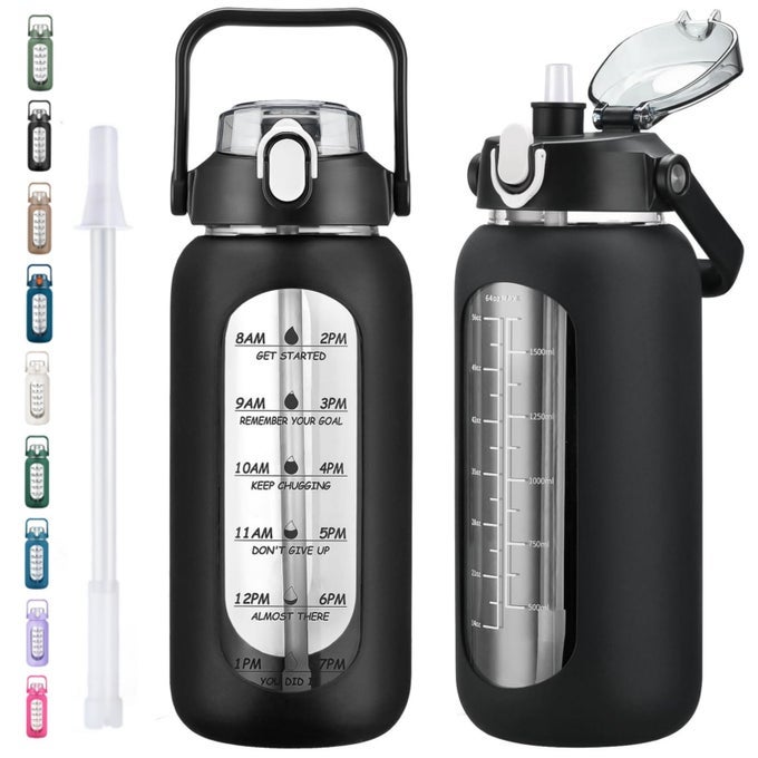 64OZ GLASS WATER BOTTLES WITH STRAW HALF GALLON MOTIVATIONAL GLASS BOTTLE WITH SILICONE SLEEVE AND TIME MARKER 2L LEAKPROOF LARGE GLASS WATER JUG FOR GYM HOME OFFICEBLACK