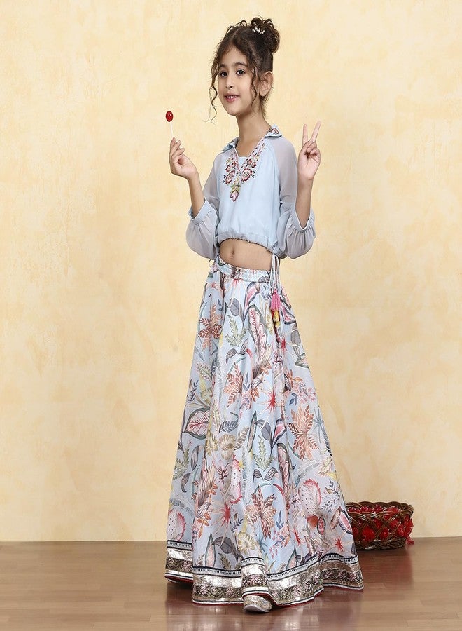 Biba Girls Blue Georgette Dyed Relaxed Lehenga Set_2-3Y - Image 2