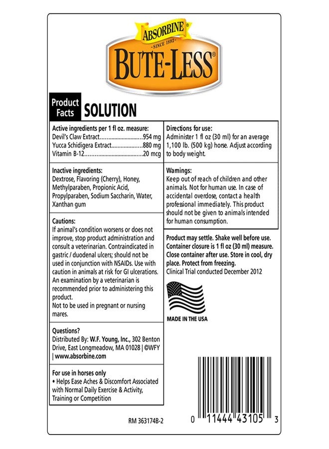 Absorbine Bute-Less Long-Term Horse Comfort & Recovery Supplement Solution, Gentle on Stomach, Devil's Claw, Vitamin B-12, Yucca, 32oz / 32 Day Supply - Image 2