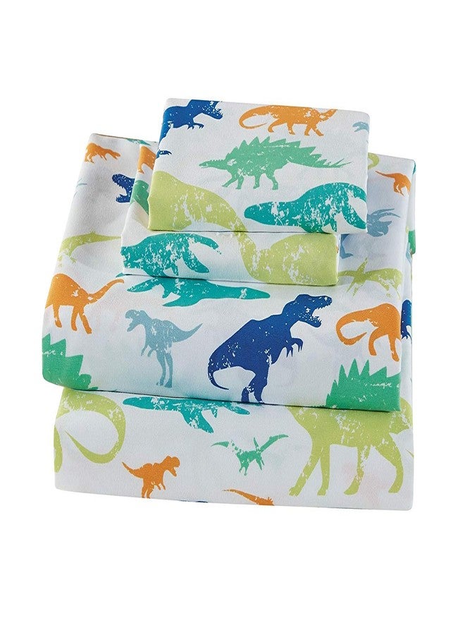 Linen Plus Sheet Set for Kids/Teens Boys Dinosaur Dinosaurs Jurassic Green Orange Blue White Flat Sheet and Fitted Sheet and Pillow Case Twin Size New - Image 1