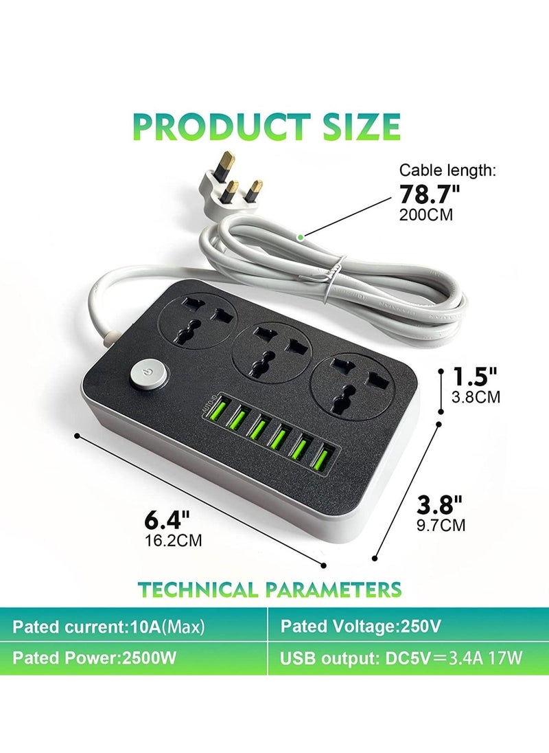BGM Power Strips Extension Cord 3 Outlets, Power Socket with 6 USB Ports Universal Charging Socket with 2M Bold Extension Cord  - Image 2