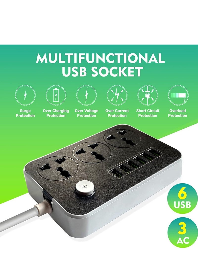 BGM Power Strips Extension Cord 3 Outlets, Power Socket with 6 USB Ports Universal Charging Socket with 2M Bold Extension Cord  - Image 5