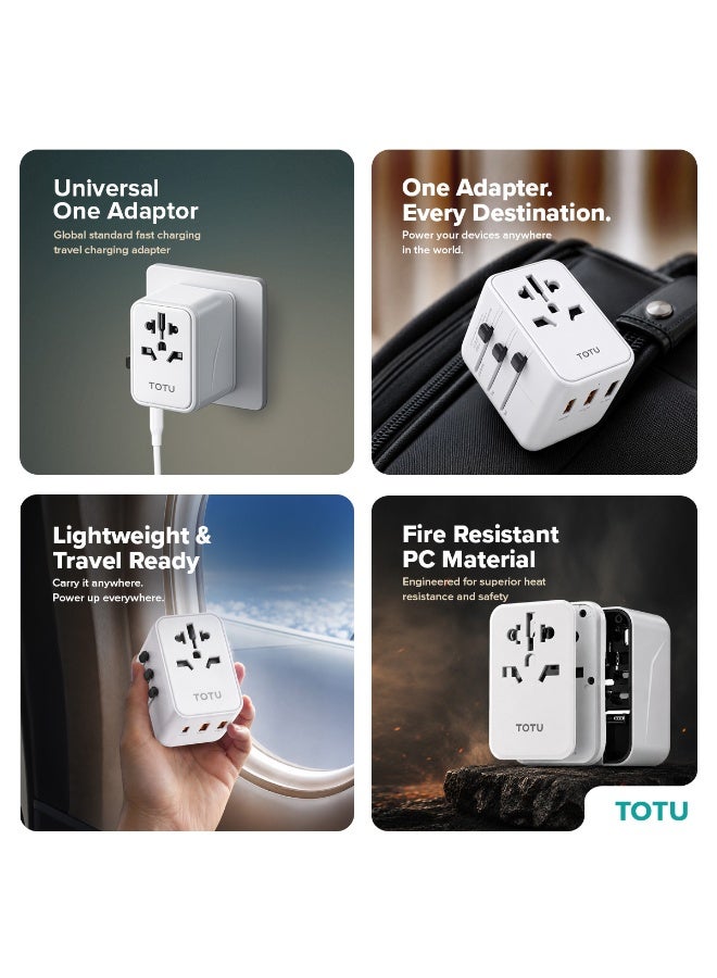 Totu 20W Universal Travel Adapter All-in-One Global Wall Charger with 20W PD USB-C & 2 USB-A Ports, International Power Plug for UK, US, EU, AU - White - Image 2