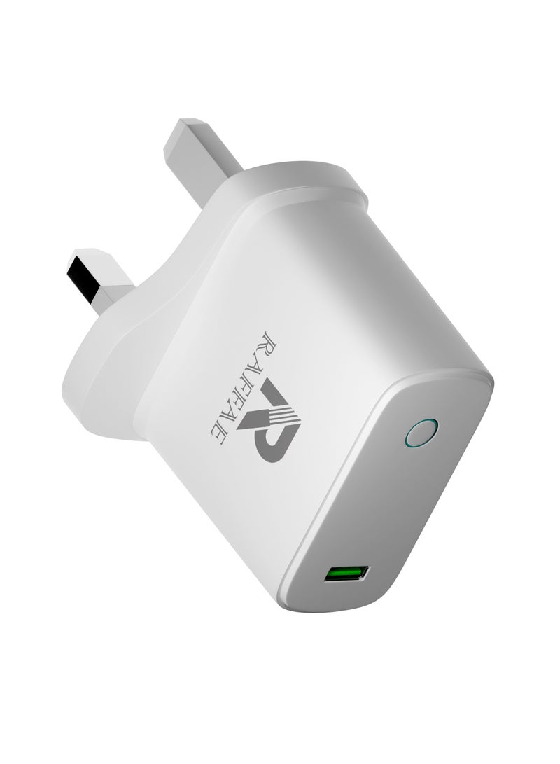 RAFFAE 25W USB Fast Charger with GaN Technology, 3pin UK Plug, Travel Adapter for iPhone, Samsung, Huawei, OnePlus- White - Image 1