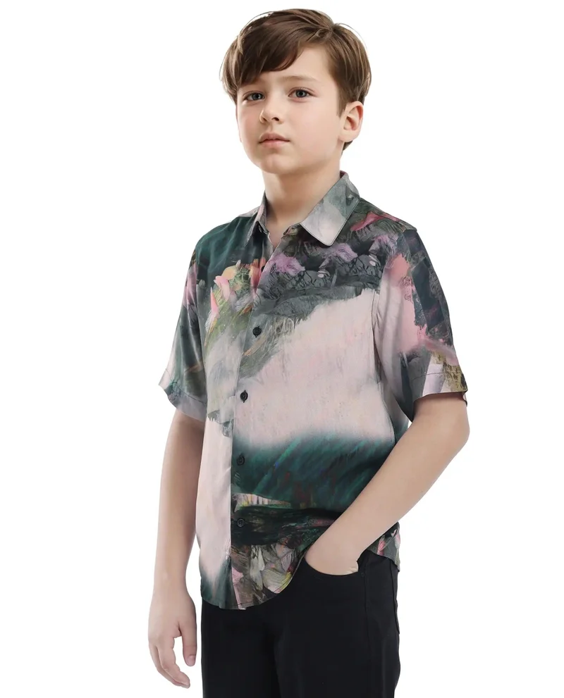 Rare Ones Rare Ones Kids Paint Green Viscose Half Sleeve Button Printed Regular Fit Shirt