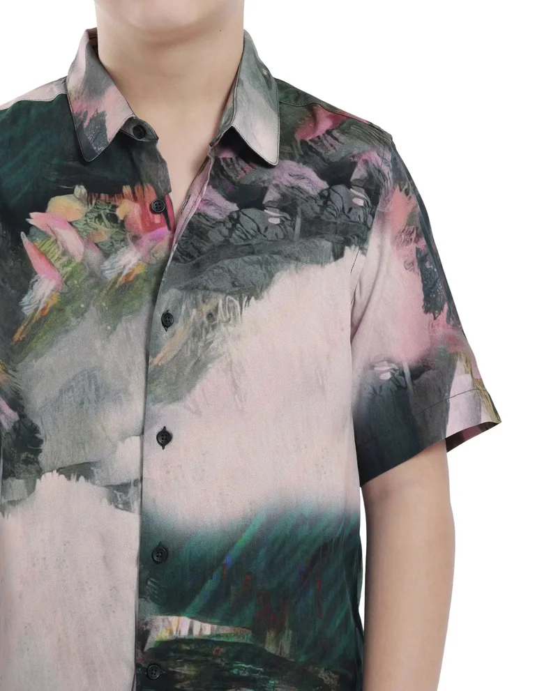 Rare Ones Rare Ones Kids Paint Green Viscose Half Sleeve Button Printed Regular Fit Shirt