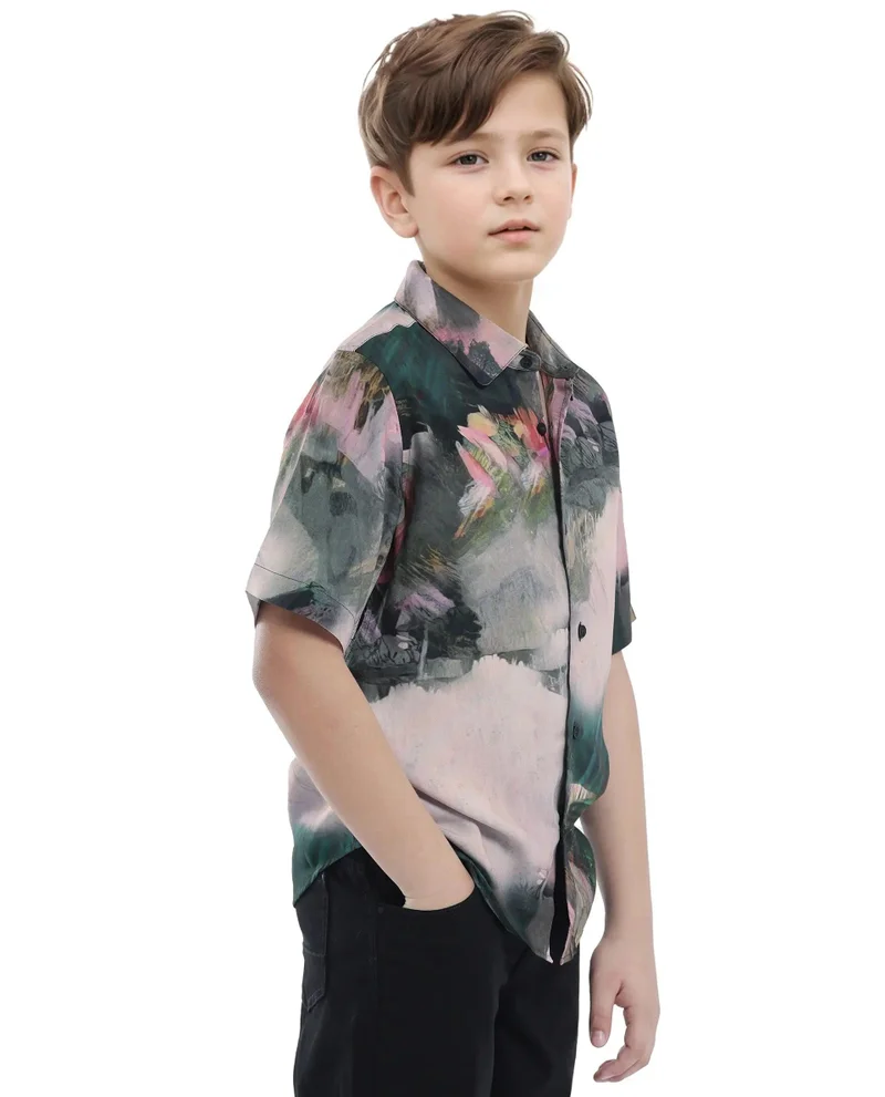 Rare Ones Rare Ones Kids Paint Green Viscose Half Sleeve Button Printed Regular Fit Shirt