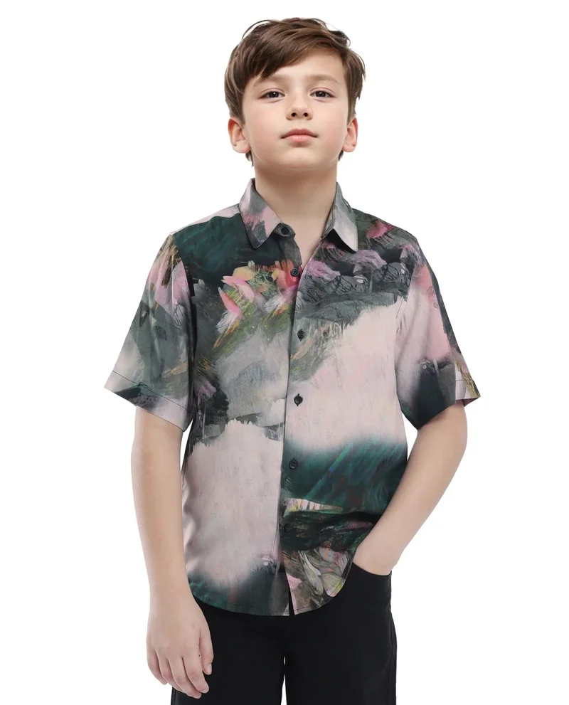Rare Ones Rare Ones Kids Paint Green Viscose Half Sleeve Button Printed Regular Fit Shirt