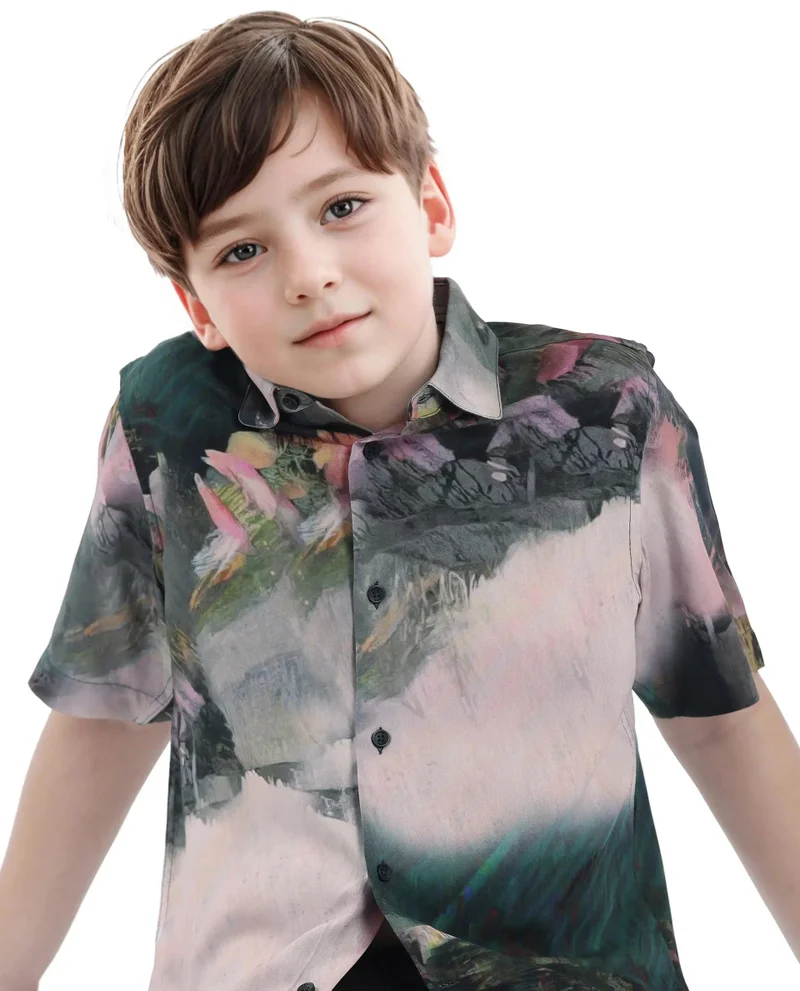 رير ونز Rare Ones Kids Paint Green Viscose Half Sleeve Button Printed Regular Fit Shirt