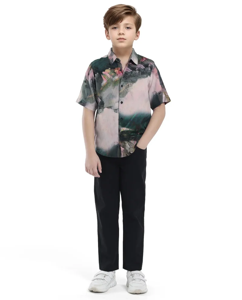 رير ونز Rare Ones Kids Paint Green Viscose Half Sleeve Button Printed Regular Fit Shirt