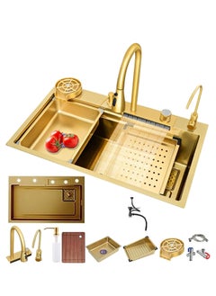 ULHYC Kitchen Sink, Gold Flying Rain Waterfall Sink, 304 Stainless Steel Single Bowl Sink, Multifunctional Drop In Sink Workstation with Pull-Out Waterfall Faucet with Various Accessories (75×46×22cm)  - Image 1