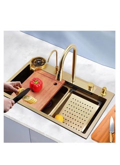 ULHYC Kitchen Sink, Gold Flying Rain Waterfall Sink, 304 Stainless Steel Single Bowl Sink, Multifunctional Drop In Sink Workstation with Pull-Out Waterfall Faucet with Various Accessories (75×46×22cm)  - Image 2