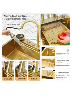 ULHYC Kitchen Sink, Gold Flying Rain Waterfall Sink, 304 Stainless Steel Single Bowl Sink, Multifunctional Drop In Sink Workstation with Pull-Out Waterfall Faucet with Various Accessories (75×46×22cm)  - Image 4