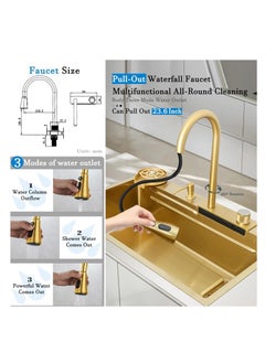 ULHYC Kitchen Sink, Gold Flying Rain Waterfall Sink, 304 Stainless Steel Single Bowl Sink, Multifunctional Drop In Sink Workstation with Pull-Out Waterfall Faucet with Various Accessories (75×46×22cm)  - Image 5