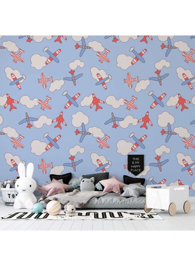 Home Gallery Airplanes Kids Textile Seamless Pattern Fabric Wallpaper Covers An Area ​​Up To 4.2Mx3M With Adhesive  And Smoothing Tool - Image 1