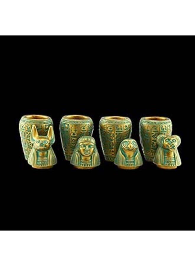 Unique Egyptian Art canopic jars set 4 sons of Horus, made from stone hand painted amazing gold green Made in Egypt.