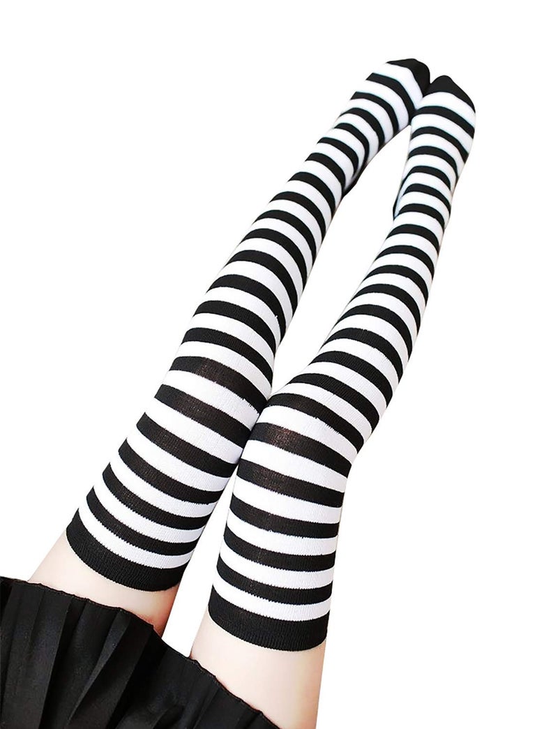 Bienvenu Women Stretch Striped Socks Knee High Stockings Long Arm Warmer Fingerless Mitten Gloves,White - Image 4