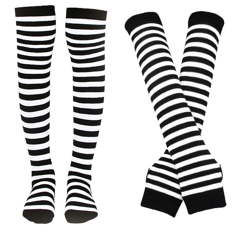 Bienvenu Women Stretch Striped Socks Knee High Stockings Long Arm Warmer Fingerless Mitten Gloves,White - Image 1
