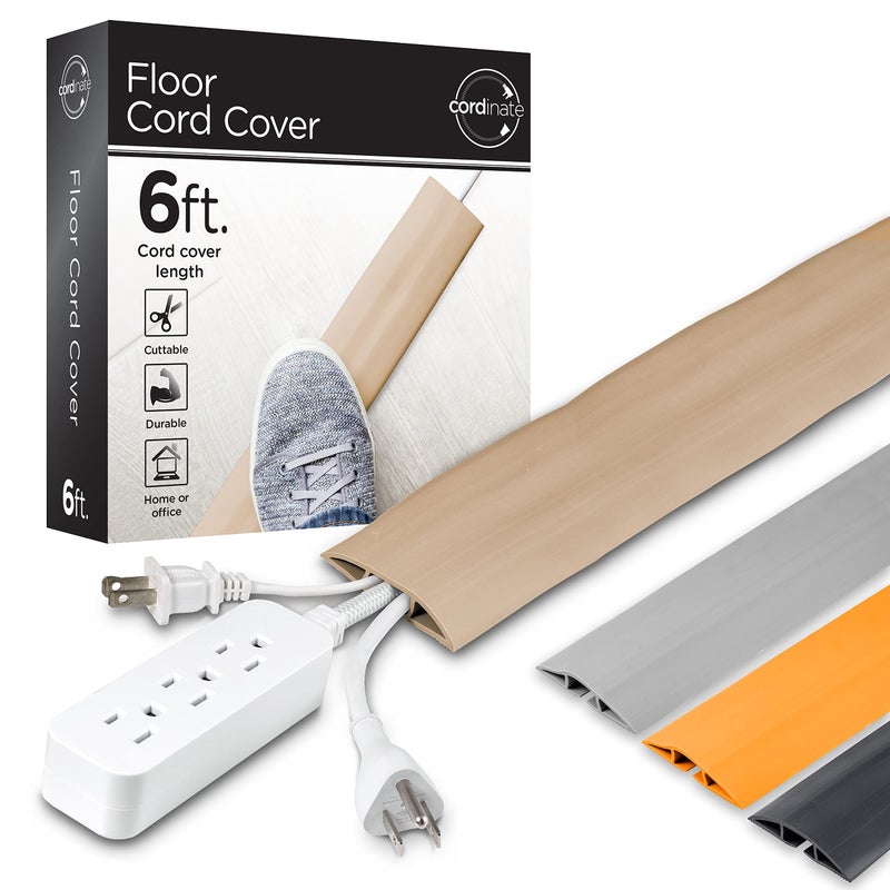 Cordinate 6ft Floor Cord Cover, Cable Protector, Hide Extension Cords, Protect Cords, Prevent Cable Trips, Heavy Duty Cord Hider - Cable Cavity = 0.75" (W) x 0.43" (H) - Tan - Image 1