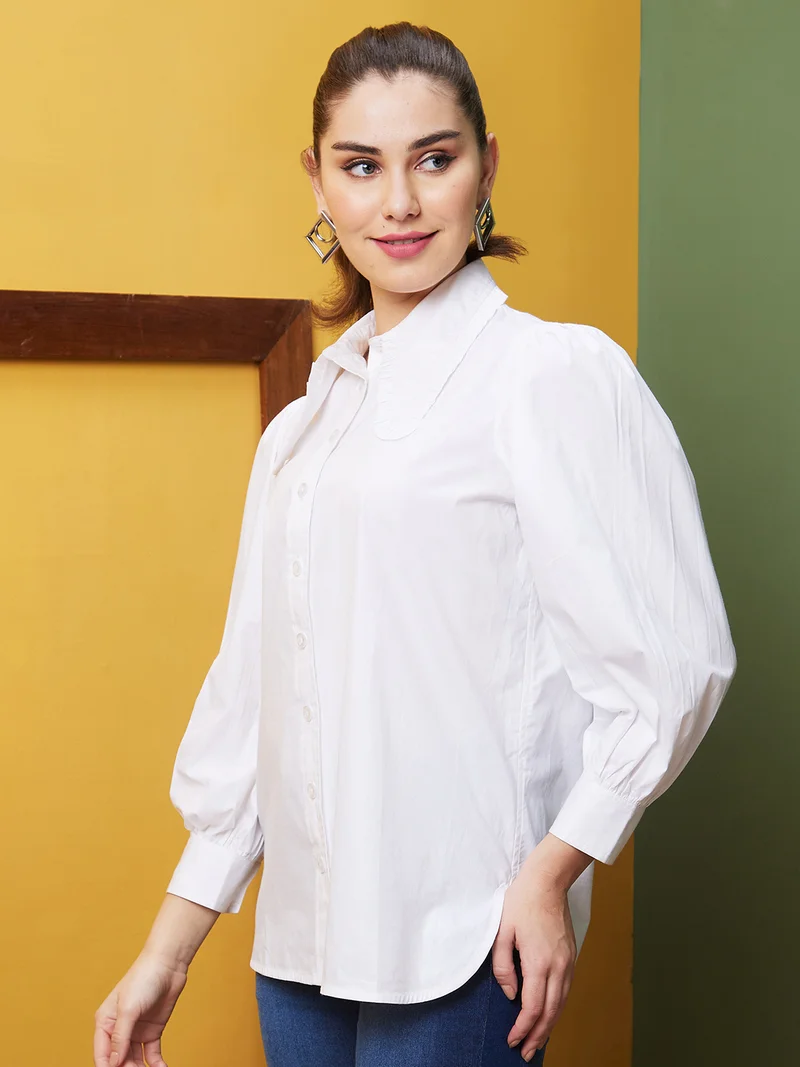 globus Women White Cotton Shirt Style Top