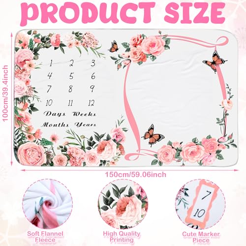Chumia Baby Monthly Milestone Blanket for Baby Girl 59"x39" Floral Photo Prop Age Milestone Blanket with 2 Felt Floral Wreath Frame(Pink,Flower) - Image 2