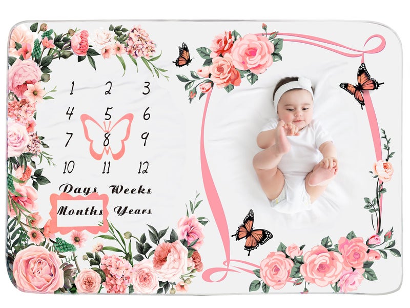 Chumia Baby Monthly Milestone Blanket for Baby Girl 59"x39" Floral Photo Prop Age Milestone Blanket with 2 Felt Floral Wreath Frame(Pink,Flower) - Image 1