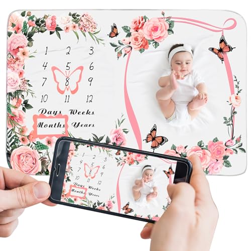 Chumia Baby Monthly Milestone Blanket for Baby Girl 59"x39" Floral Photo Prop Age Milestone Blanket with 2 Felt Floral Wreath Frame(Pink,Flower) - Image 4
