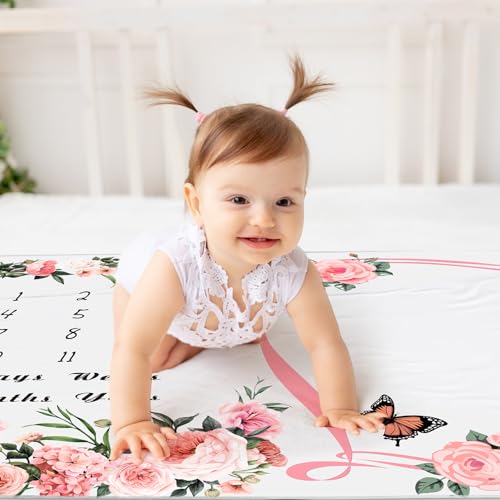 Chumia Baby Monthly Milestone Blanket for Baby Girl 59"x39" Floral Photo Prop Age Milestone Blanket with 2 Felt Floral Wreath Frame(Pink,Flower) - Image 3