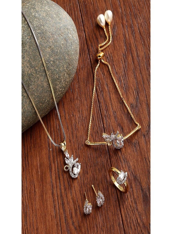 KENNICE Gold-Plated American Diamond Necklace with Earrings, Bracelet and Ring Jewellery Set for Girls and Women - Image 2