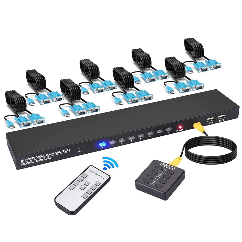 ETZIN VGA KVM Switch 8 Ports Switch with Remote,USB Switcher 8 Computers Share 1 Monitor 4 USB 2.0 Hubs,Keyboard Mouse Printer,8 KVM VGA Cables 1 Desktop Controller 1 IR Remote EPL-1437H - Image 1