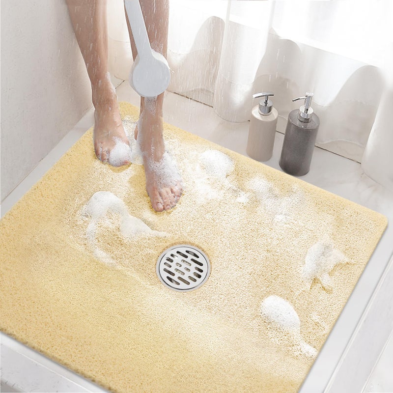 HITSLAM Square Shower Mat, 24 x 24 Inch Non Slip Bath Mat for Tub, Soft PVC Loofah Bathtub Mats with Drain Holes, Quick Drying Bathroom Stall Floor Mat, Bathroom Accessories Without Suction Cup, Beige - Image 1