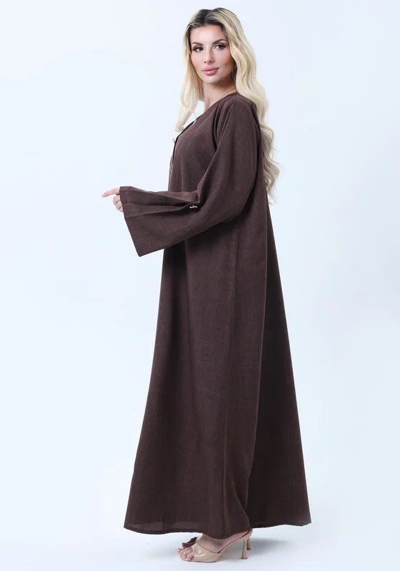 MSquare Fashion Brown Melange Abaya with Decorative Buttons and Matching Headscarf
