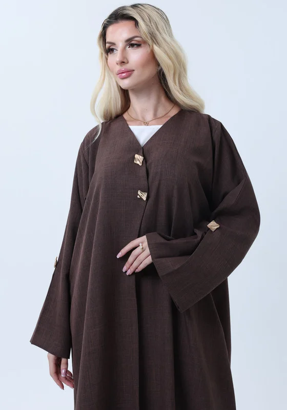 MSquare Fashion Brown Melange Abaya with Decorative Buttons and Matching Headscarf