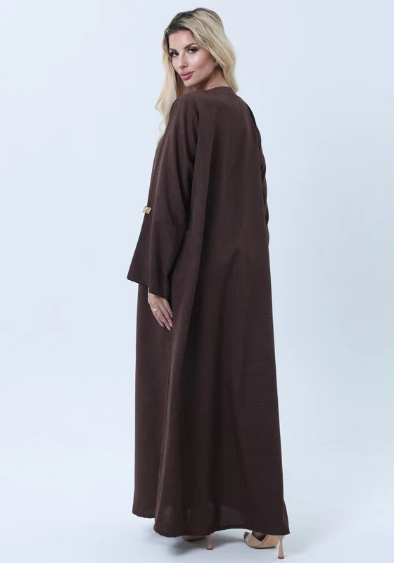 MSquare Fashion Brown Melange Abaya with Decorative Buttons and Matching Headscarf