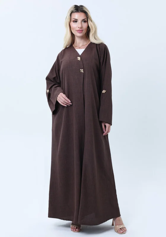 MSquare Fashion Brown Melange Abaya with Decorative Buttons and Matching Headscarf