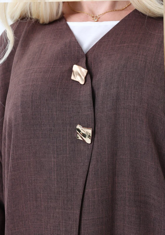 MSquare Fashion Brown Melange Abaya with Decorative Buttons and Matching Headscarf