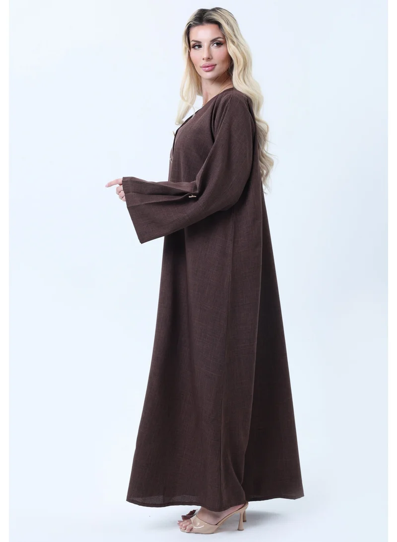MSquare Fashion Brown Melange Abaya with Decorative Buttons and Matching Headscarf