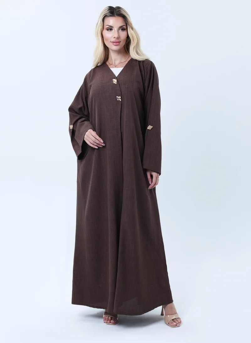 Brown Melange Abaya with Decorative Buttons and Matching Headscarf