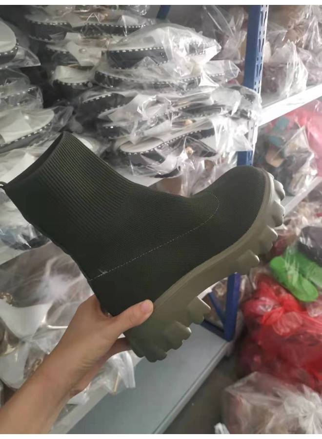 Plus Size Round Toe Slip-on Martin Boots Knitted Short Boots European And American Autumn And Winter New Thick Bottom Mid Heel Low Top Flying Woven Shoes