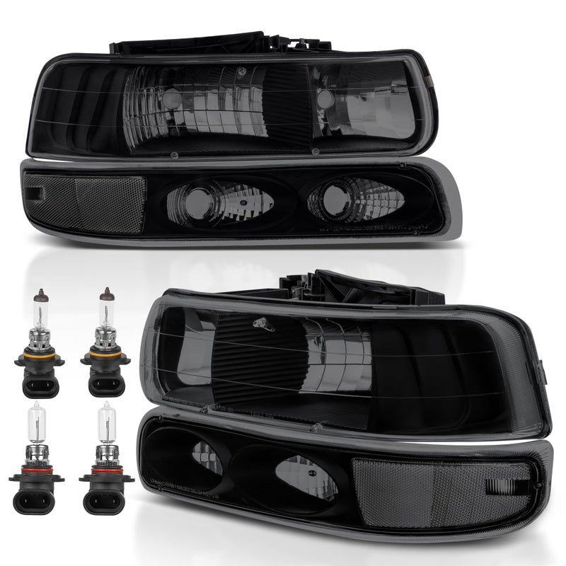 KUIPERAUTO Headlight Assembly Front Lamp Compatible with 1999-2002 Chevrolet Silverado 1500 2500 2000-2006 Suburban 1500 2500 Tahoe Black Housing/Smoked lens/Transparent Corner w/Bulb - Image 1